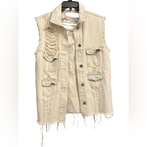 POL Cream Light Blue Frayed Distressed Denim Vest from Anthropologie